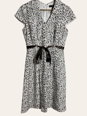 Alex Marie Brown White Floral Linen A-Line Cap Sleeve Belted V-Neck Dress Size 4